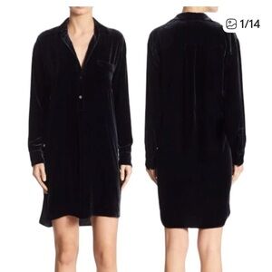 VINCE WOMENS dark -blue velvet Button -down Collar long-sleeve  Shirt  Dress S